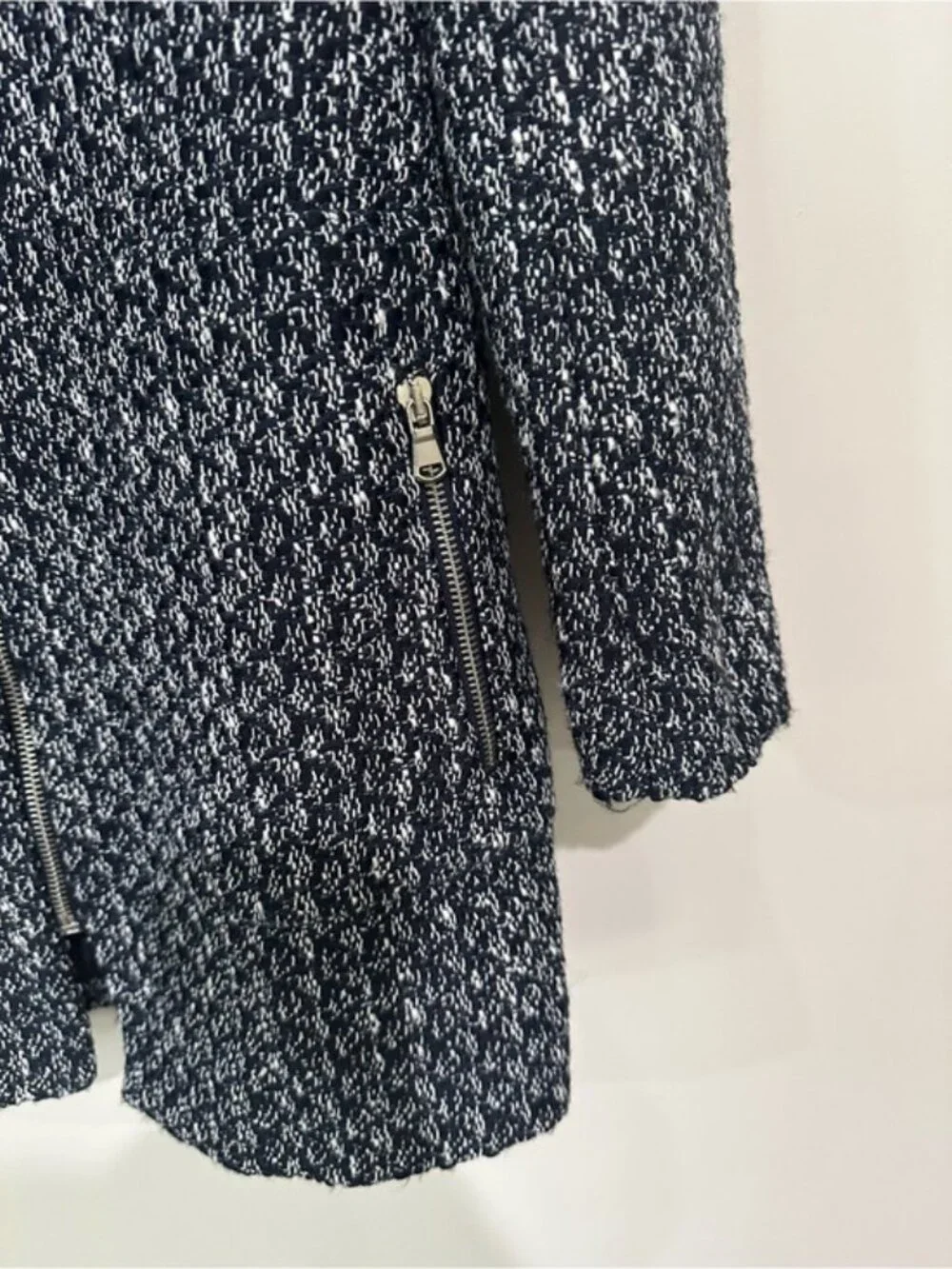 Zara Basic Black White Tweed Longline Coat Jacket Zip Pockets Size M